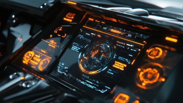 Futuristic car dashboard with glowing orange displays - Powered by Adobe
