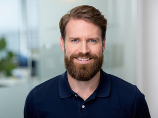 Smiling bearded man in a blue polo shirt office portrait