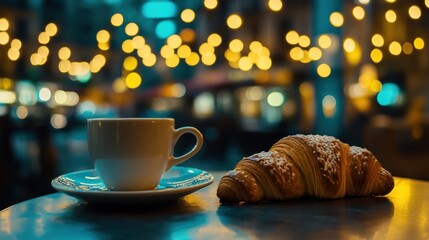 Espresso and croissant on a table at night. Blurred city lights in background