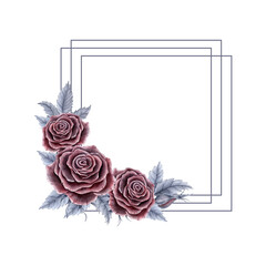 A square frame with red roses and gray leaves. Watercolor illustration for postcards, labels, and packaging.