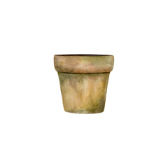 An empty brown clay flower pot painted in watercolor.
