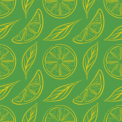 Seamless lemon slice pattern in line art style on green background. Perfect for organic food delivery packaging, kitchen wallpaper, summer cafe design and natural fruit background.