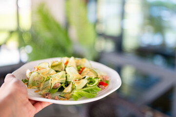 Fresh salad with lettuce, cucumber, red pepper, and ground meat on a white plate in hand, served...