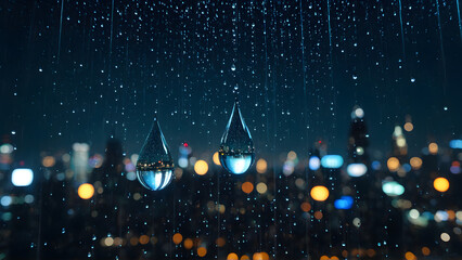 A solitary raindrop captures the soul of a cyberpunk metropolis — within its tiny sphere, a universe of glowing towers, drifting holograms, and endless motion blurs into a dream. A moment suspended in