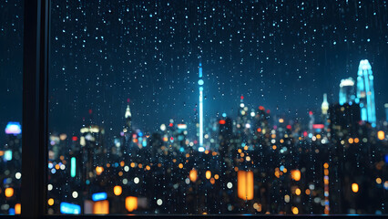 A solitary raindrop captures the soul of a cyberpunk metropolis — within its tiny sphere, a universe of glowing towers, drifting holograms, and endless motion blurs into a dream. A moment suspended in