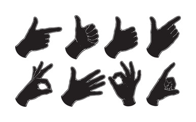 Obraz premium Hand Gesture Silhouettes with White Outline Vector Set
