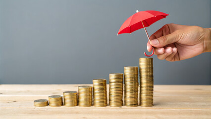 Inflation ,interest rates and global economy. Stacked coin hand red umbrella protection financial growth saving investment risk