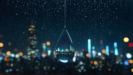 A solitary raindrop captures the soul of a cyberpunk metropolis — within its tiny sphere, a universe of glowing towers, drifting holograms, and endless motion blurs into a dream. A moment suspended in