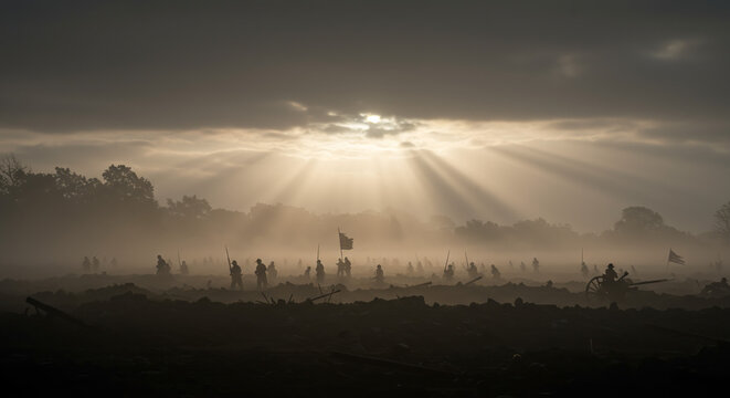 Civil War Dawn Soldiers, , Fog, Sunrise, Battlefield, Silhouette, Crepuscular Rays, Mist,