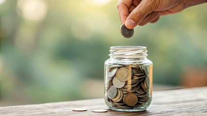 Inflation ,interest rates and global economy. Hand coin glass jar saving money finance investment table outdoor growth financial