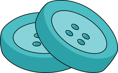 Vector illustration of two blue sewing buttons in a flat cartoon style. The buttons are overlapping and depicted in a clean, simple design with bold outlines and smooth shading.