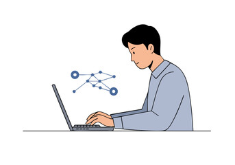 A young Asian man analyzes data on a laptop, connected to a network graph. Modern, professional, and focused.  Clear visual representation of data updates.