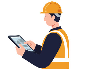 A construction worker uses a tablet to manage a complex network diagram.  Modern illustration, clean design, professional setting. Focus on connectivity and technology.
