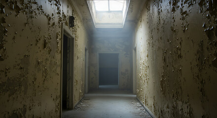 Obraz premium Abandoned Building Hallway Interior Decaying Walls Light Sunlit Architectural Ruin