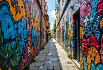 Fototapeta premium colorful graffiti murals in narrow cobblestone city alley