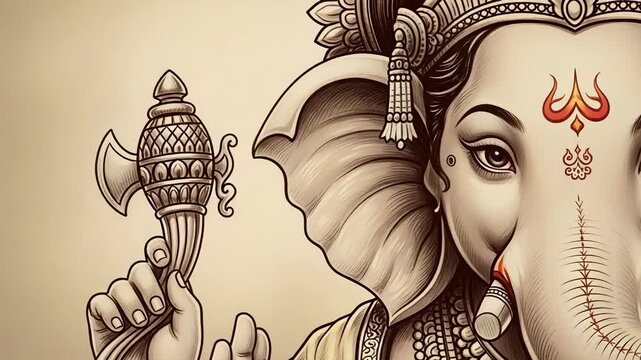 Monochrome artistic illustration of Lord Ganesha, stylized spiritual figure in detailed line art