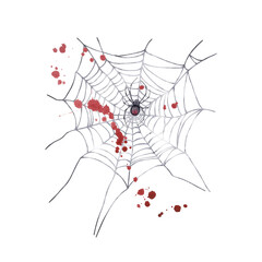 A spider in the center of the web and blood splatters. Watercolor illustration.