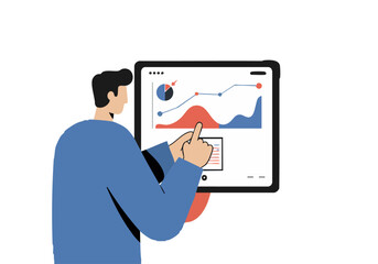 A professional man analyzes tablet data, showcasing insightful charts and graphs. Modern, digital business concept. Clear, focused composition.
