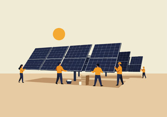 Solar panel installation team celebrates a successful project completion. Bright sunlight and a modern setting showcase teamwork and sustainable energy. Team Finish!