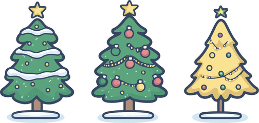 Fototapeta premium Three Stylized Christmas Trees with Decorations on a White Background