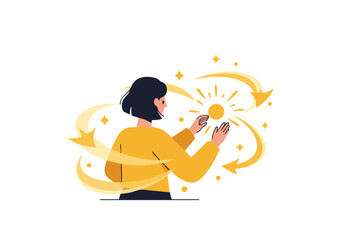A woman holds a sun, radiating energy and positivity. Flowing lines and golden light symbolize growth and success. Modern, vibrant illustration.