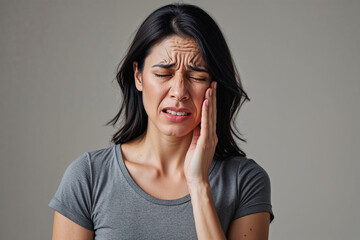 Woman with Discomfort Expression, Touching Face in Gray T-Shirt with Neutral Background