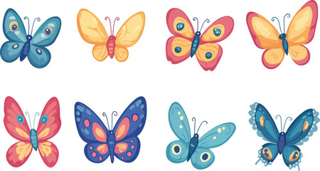 Collection of Colorful Cartoon Butterflies on a White Background Isolated