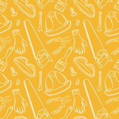 Seamless pattern with construction tools and safety equipment in line art style on yellow background.