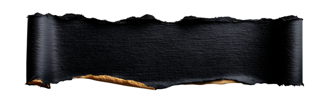 A strip of black ripped paper with uneven torn edges, curled slightly, isolated on transparent background --ar 3:1 --v 7.0 --p 537mr6h --s 250