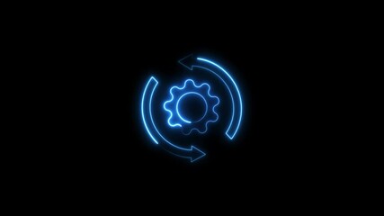 Gears with arrow moving glowing sign technology concept animation on dark background.