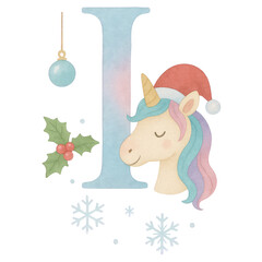 A whimsical watercolor Christmas alphabet set from A to Q, each letter uniquely painted in soft pastel gradients of blue, pink, and lavender. Every capital letter features a cute unicorn.