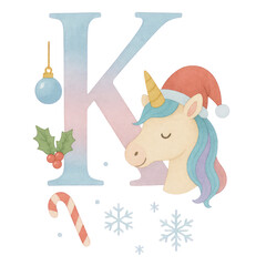 A whimsical watercolor Christmas alphabet set from A to Q, each letter uniquely painted in soft pastel gradients of blue, pink, and lavender. Every capital letter features a cute unicorn.