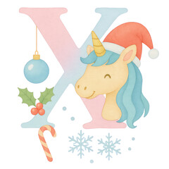 A whimsical watercolor Christmas alphabet set from A to Q, each letter uniquely painted in soft pastel gradients of blue, pink, and lavender. Every capital letter features a cute unicorn.