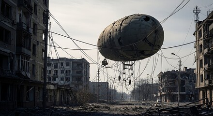 War-Torn Cityscape with Damaged Airship