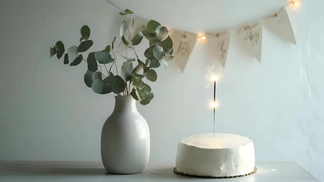 White ceramic vase with eucalyptus, birthday banner, clean round cake with one sparkler, natural lighting setup