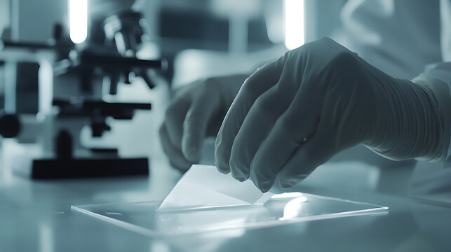 Scientist examining a sample slide under laboratory conditions