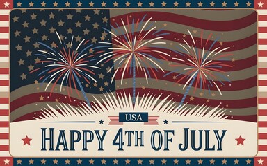 Happy 4th of July Typography Fireworks with stars border & Flag Banner