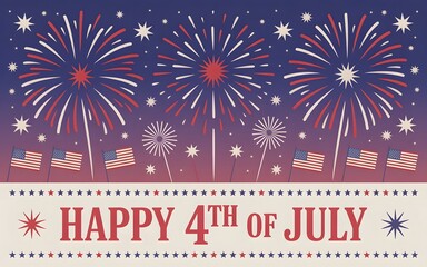 Happy 4th of July Typography Fireworks with stars border & Flag Banner