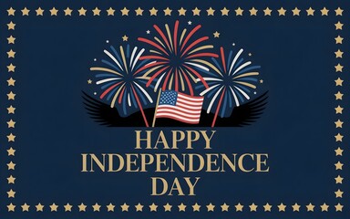 Happy 4th of July Typography Fireworks with stars border & Flag Banner