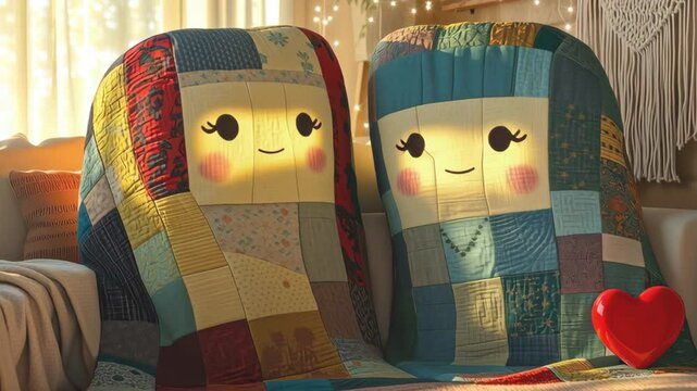 Patchwork Quilts in Love &ndash; A heart warming and fun alternative romance where cozy quilts cuddle on the couch, perfect for wedding, engagement, or Valentine&rsquo;s themes