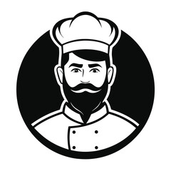 Professional male chef face vector illustration in black outline style for restaurant branding, cooking content, culinary logo and kitchen staff visuals