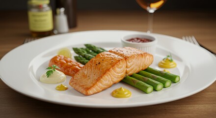 Indulge in this exquisite culinary masterpiece: pan-seared salmon fillet, artfully arranged with vibrant asparagus spears, and a trio of delectable sauces, creating a symphony of flavors and textures.