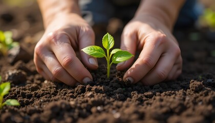 Close-up of hands planting a small green seedling in rich dark soil, 