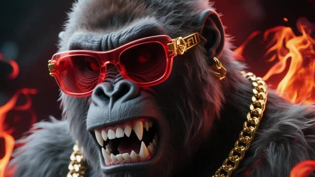 Cool Angry Gorilla with Sunglasses and Gold Chain - Urban Fantasy Animal Character in Fire Background