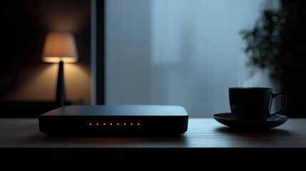 Modern wireless modem glowing with led indicators on a sleek minimal desk, showcasing high-speed internet connection in a clean home workspace, ideal for technology and connectivity visuals