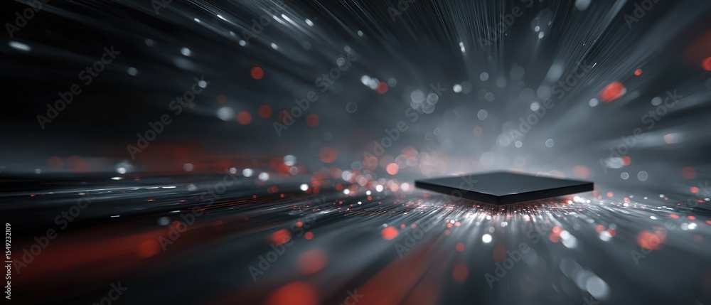 Poster futuristic modem floating in a dark digital void with neon data streams, symbolizing high-speed conn