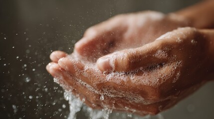 Fototapeta premium Foamy soap in a person's hands under running water, captured with soft natural lighting, symbolizing hygiene, cleanliness, and health protection for personal care awareness and public wellness themes