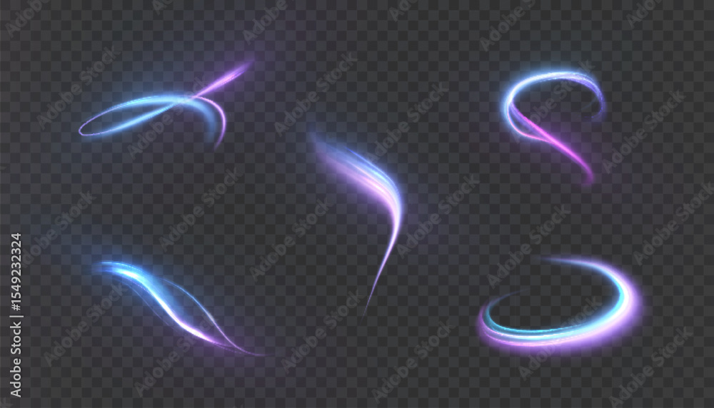Poster Bright light swirl with blue-pink glow in the form of dynamic bends. Light effect on transparent background PNG for design and illustrations. Vector