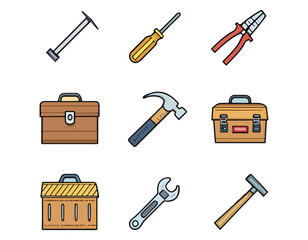 Collection of Hand Tools Icons Screwdriver, Hammer, Pliers, Wrench, Toolboxes, and More