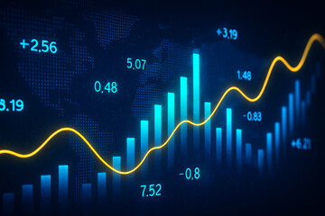 Abstract financial data visualization with bar and line graph on digital world map background